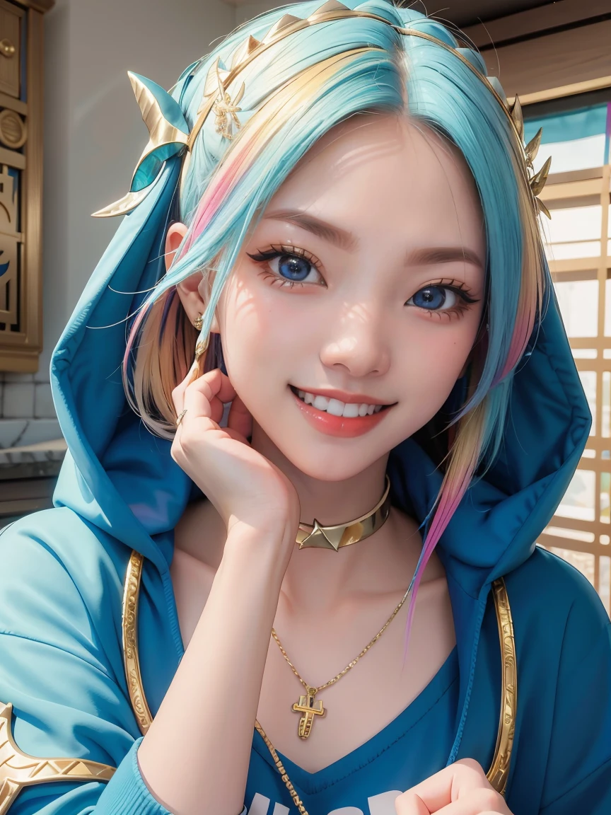 (masterpiece, best quality),  intricate details,, 1girl,     Gura, multicolored hair, blue eyes, shark hair ornament, gold hair ornament, gold choker, gold bracelet, sharp teeth, grin, blue hoodie,,  greek clothes, peplos,