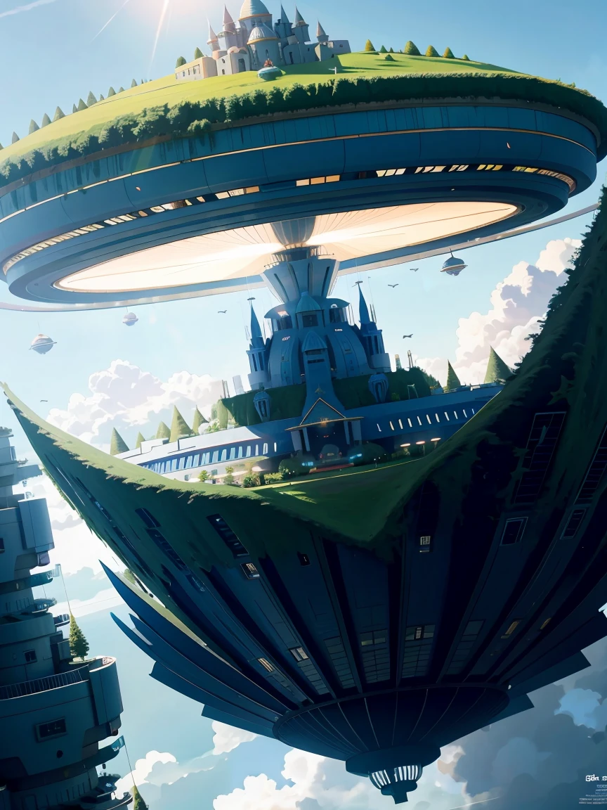 Sinister futuristic floating island suspended in the air, cities, fantasy, (villain hideout), (kawaii), cute, cute, anime style, technological, dark, funny, magical plant growth, extreme details, realistic light, blue sky, epic composition, (complex details), (complex design, ultra-details: 1.2), Art Station, (masterpiece, best quality), Ultra HD, 32k --v 6