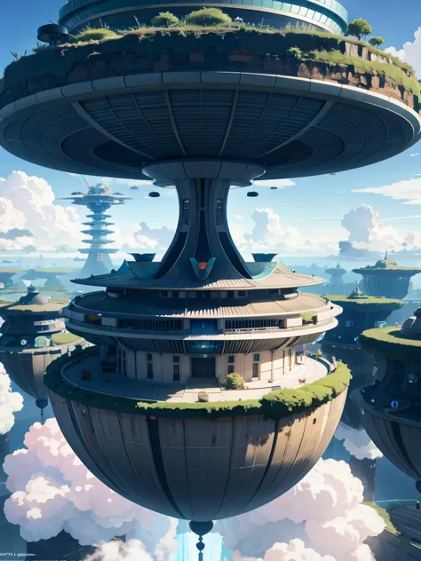 Sinister futuristic floating island suspended in the air, cities, fantasy, (villain hideout), (kawaii), cute, cute, anime style,...