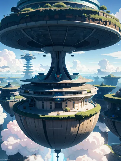 sinister futuristic floating island suspended in the air, cities, fantasy, (villain hideout), (kawaii), cute, cute, anime style,...