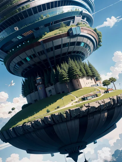 sinister futuristic floating island suspended in the air, cities, fantasy, (villain hideout), (kawaii), cute, cute, anime style,...