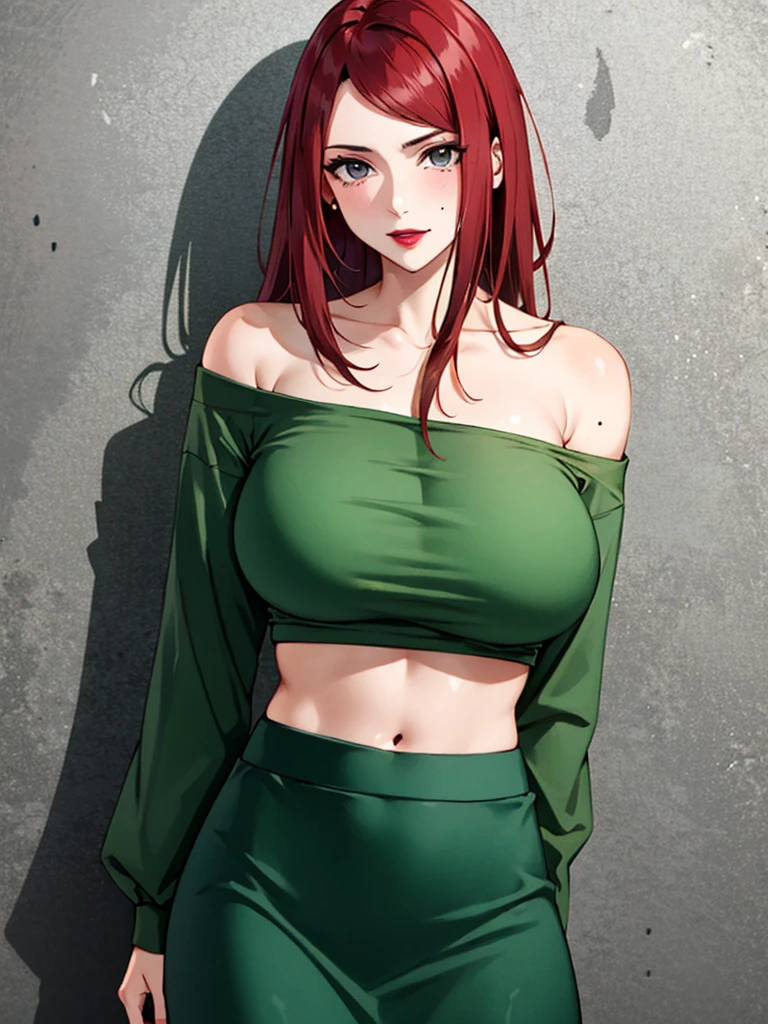 Uzumaki_kushina,huge breasts, beautiful face:1.3,butt hole,navel, cleavage ,bellybutton,off the shoulder:1.8,body facing front,full body shot,standing straight, short greenskirt,black t-shirt:off shoulder,green shirt ,mole on chest,red lipstick,mole on lip