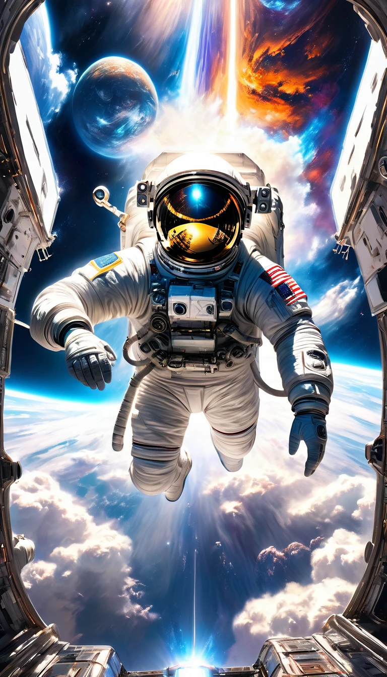 wide shot, full body, astronaut in full astronaut clothing on the space station, epic and beautiful image, highly detailed, 8k, photorealistic, spectacular lighting, stunning view of the earth, bright lights on the space station, astronaut suit with details intricate, majestic stars in the background, volumetric cloud formations, rich colors and textures, cinematic composition, impressive scale, incredible attention to detail, masterpiece
