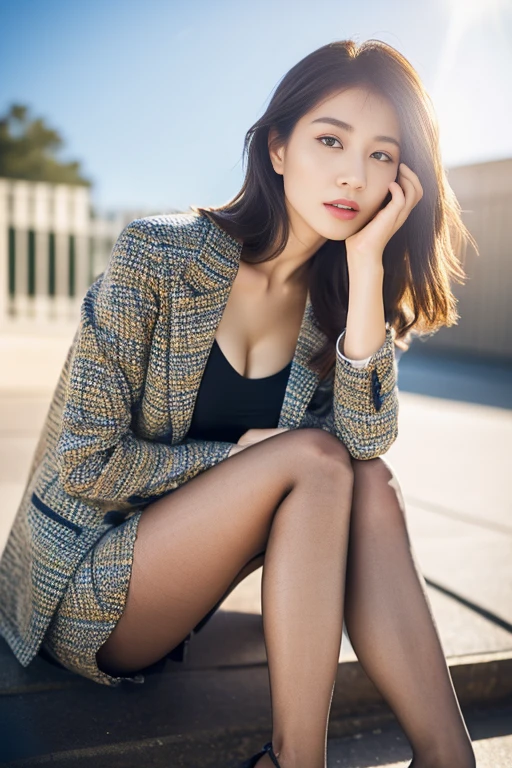 (Highest quality、Ultra-high resolution、masterpiece、8K、Realistic raw photo)、(Delicate face、Detailed eyes and face、Watery eyes、double eyelid、Glossy lips), ((1 girl)) 、Very beautiful woman、Slender、Slim Big、Sharp long legs、Alluring and sexy、(Geometric print blazer:1.2)、(Geometric print skirt:1.2),(silk pantyhose:1.1),(High heels)、Cleavage、High-definition skin texture、The wind is blowing、Sunlight shining on face and body、Modern architecture in the background、Above the knee shot、((Perfect body、Two perfect hands、Two perfect legs、Two detailed pairs of shoes、Perfect Anatomy、Anatomically correct))
