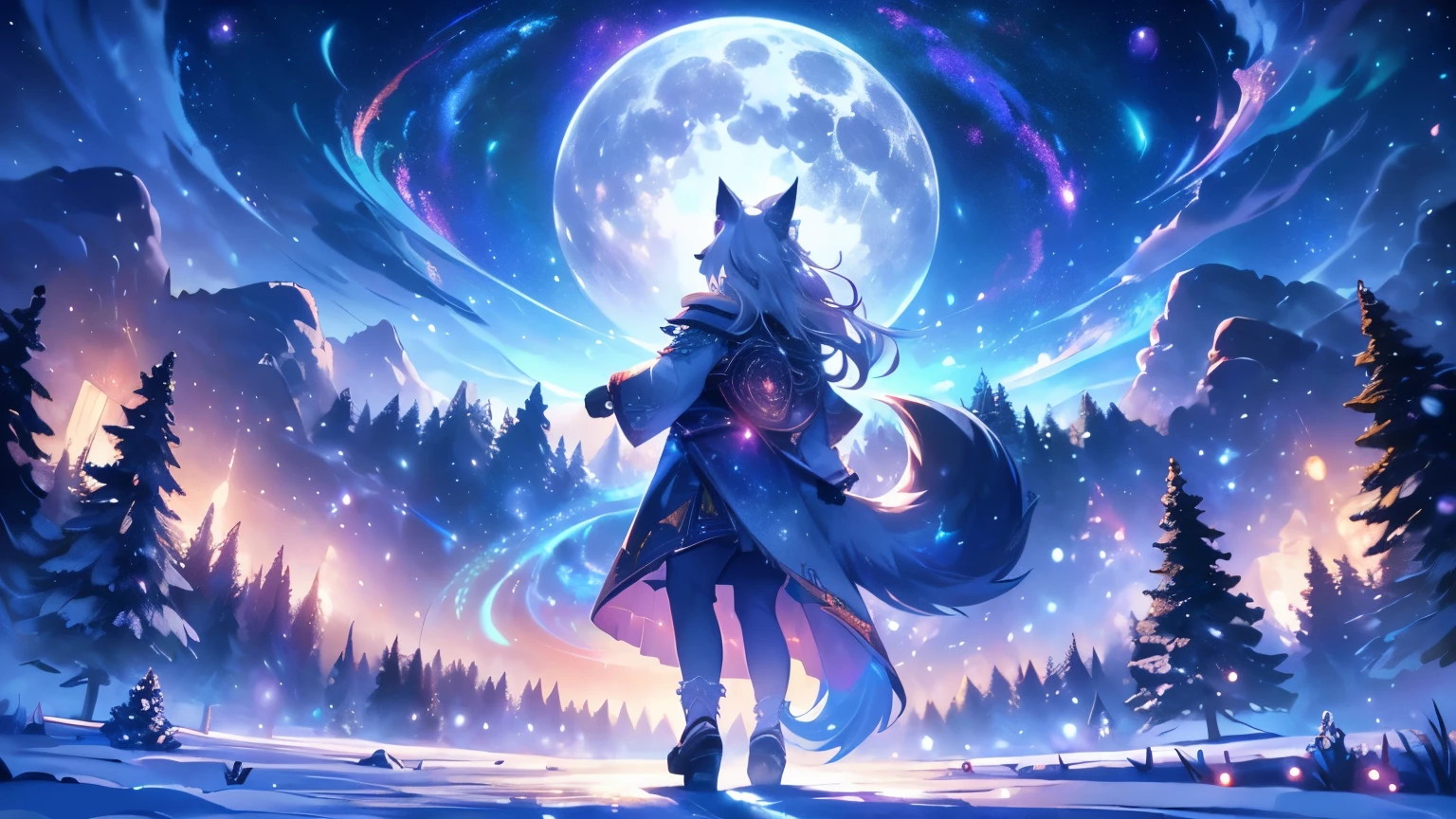 expansive landscape photography (a view from below showing the sky above and an open forest below), woman standing on a paved path looking at the landscape, wolf woman, full fur, white fur (particle of light around the wolf woman), full tail, white hair (long and bushy), heated outfit (made of high quality fur and embroidery), night setting, (full moon: 1.2), (shooting stars: 0.9 ), (nebula: 1.3), (warm light source: 1.2), (Firefly: 1.2), (snowflake: 1.0), (snow on tree) (masterpiece: 1.2), (best quality) , 4k, ultra detailed, (dynamic composition: 1.4), very detailed and colorful details, (iridescent colors: 1.2), (vivid lighting, ambient lighting), dreamy, magical, (alone: ​​1.2)