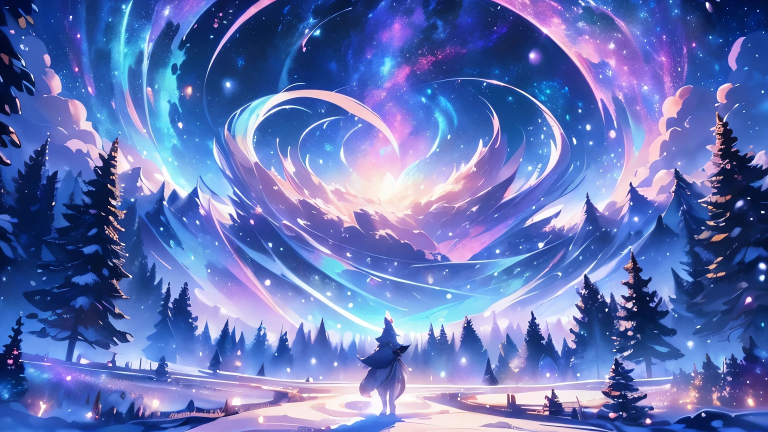 expansive landscape photography (a view from below showing the sky above and an open forest below), woman standing on a paved path looking at the landscape, wolf woman, full fur, white fur (particle of light around the wolf woman), full tail, white hair (long and bushy), heated outfit (made of high quality fur and embroidery), night setting, (full moon: 1.2), (shooting stars: 0.9 ), (nebula: 1.3), (warm light source: 1.2), (Firefly: 1.2), (snowflake: 1.0), (snow on tree) (masterpiece: 1.2), (best quality) , 4k, ultra detailed, (dynamic composition: 1.4), very detailed and colorful details, (iridescent colors: 1.2), (vivid lighting, ambient lighting), dreamy, magical, (alone: ​​1.2)