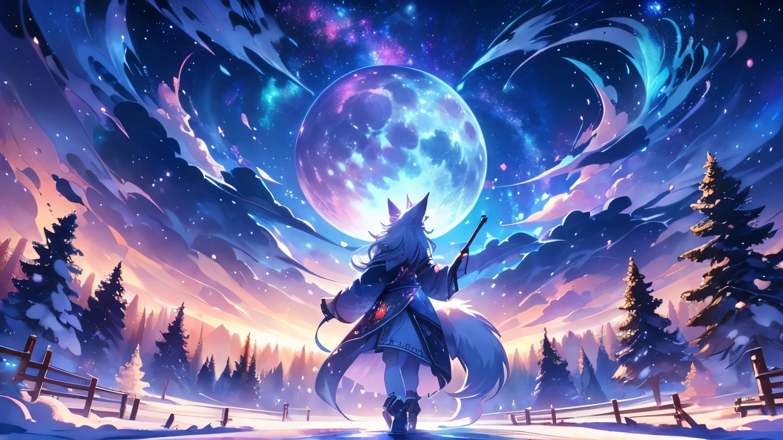 expansive landscape photography (a view from below showing the sky above and an open forest below), woman standing on a paved path looking at the landscape, wolf woman, full fur, white fur (particle of light around the wolf woman), full tail, white hair (long and bushy), heated outfit (made of high quality fur and embroidery), night setting, (full moon: 1.2), (shooting stars: 0.9 ), (nebula: 1.3), (warm light source: 1.2), (Firefly: 1.2), (snowflake: 1.0), (snow on tree) (masterpiece: 1.2), (best quality) , 4k, ultra detailed, (dynamic composition: 1.4), very detailed and colorful details, (iridescent colors: 1.2), (vivid lighting, ambient lighting), dreamy, magical, (alone: ​​1.2)