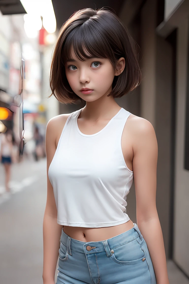 ((SFW: 1.4)), (( Super Short Hair, side lock hair, 1 Girl)),alone,((18-year-old)), (Wearing a white tank top:1.5),((Short denim pants)) Ultra-high resolution, (Realistic:1.4), RAW Photos, Highest quality, (PhotoRealistic Stick), concentrated, Soft Light, ,((Japanese)), (( (Young Face))), (surface), (Depth of written boundary), masterpiece, (Realistic), woman, bangs, ((1 Girl)),(bust:1.5)