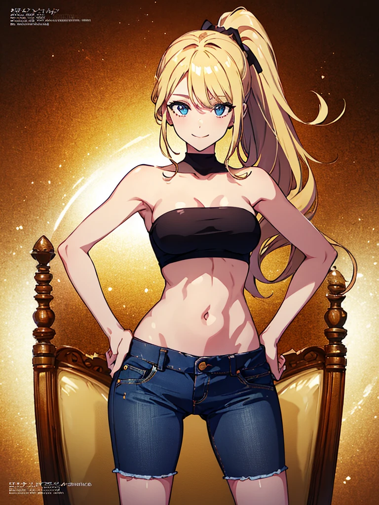 (highest quality, High resolution, perfect pixel, Depth of bounds written, 4K), upper body, (chair), (looking down), (detailed eyes), (1 lady), tall, (skinny body:1.2), (thin thighs:1.2), (Narrow hips:1.2), (tube tops:1.2), bellybutton, sleeveless, (denim skirt:1.2), middle breasts, blond hair, (ponytail:1.2), (standing:1.2), (hands on hips:1.2), contrapposto, (seductive smile), 