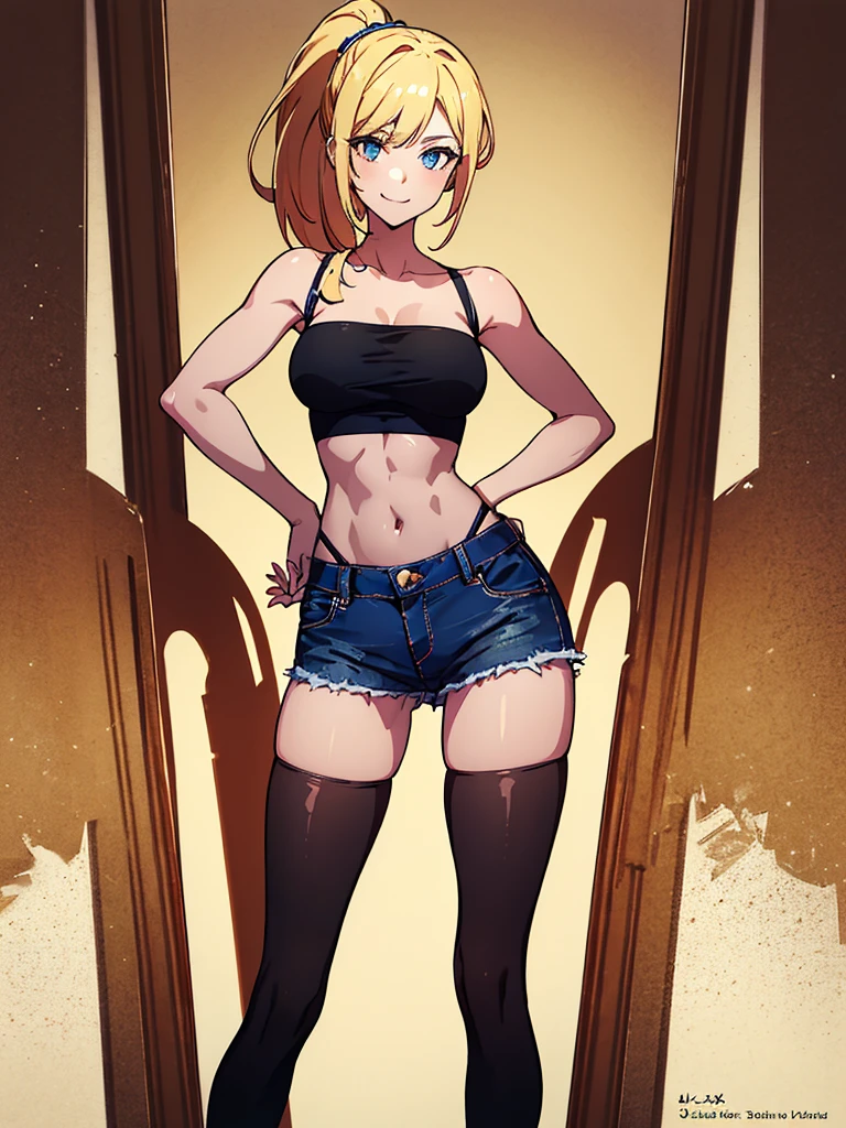 (highest quality, High resolution, perfect pixel, Depth of bounds written, 4K), upper body, (chair), (looking down), (detailed eyes), (1 lady), tall, (skinny body:1.2), (thin thighs:1.2), (Narrow hips:1.2), (tube tops:1.2), bellybutton, sleeveless, (denim skirt:1.2), middle breasts, blond hair, (ponytail:1.2), (standing:1.2), (hands on hips:1.2), contrapposto, (seductive smile), 