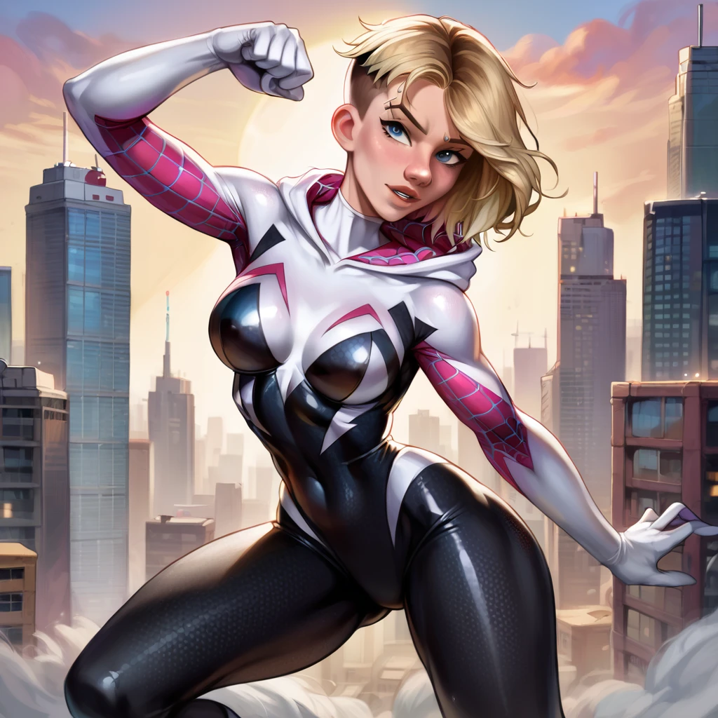 score_9, score_8_up, score_7_up, rating_safe, source_cartoon, BREAK 1girl, solo, short hair Gwen Stacy, parted lips, (Spidergwen suit:1.2), mature woman, beautiful woman, on patrol, New York city skyline, action poses.