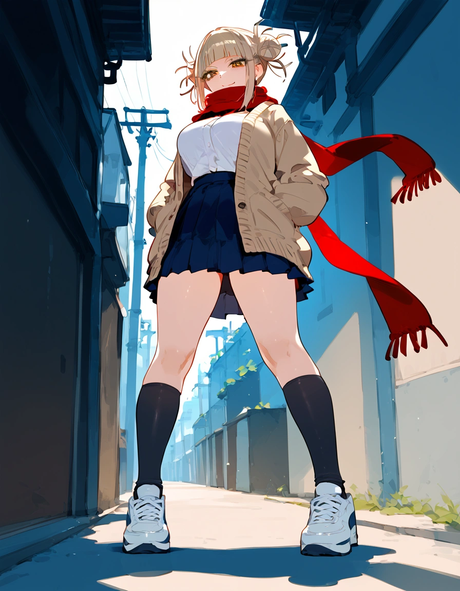 anime artwork, score_9, score_8_up, score_7_up, score_6_up, score_5_up, score_4_up, Himiko toga, big breasts, she is 24 years old, style_3, ,,,  , , , , _, , Her usual outfit consists of a plain seifuku with a Kansai collar, both the skirt and the shirt dark blue with a double white trim, which is paired with a red scarf that she ties loosely below. Over this, she wears an oversized beige cardigan with a long hem and cuffs, and pockets on either side, the right one shown to hold a number of trinkets on either a keychain or a cellphone strap. She sports knee-length black socks and dark brown outdoor school shoes. 