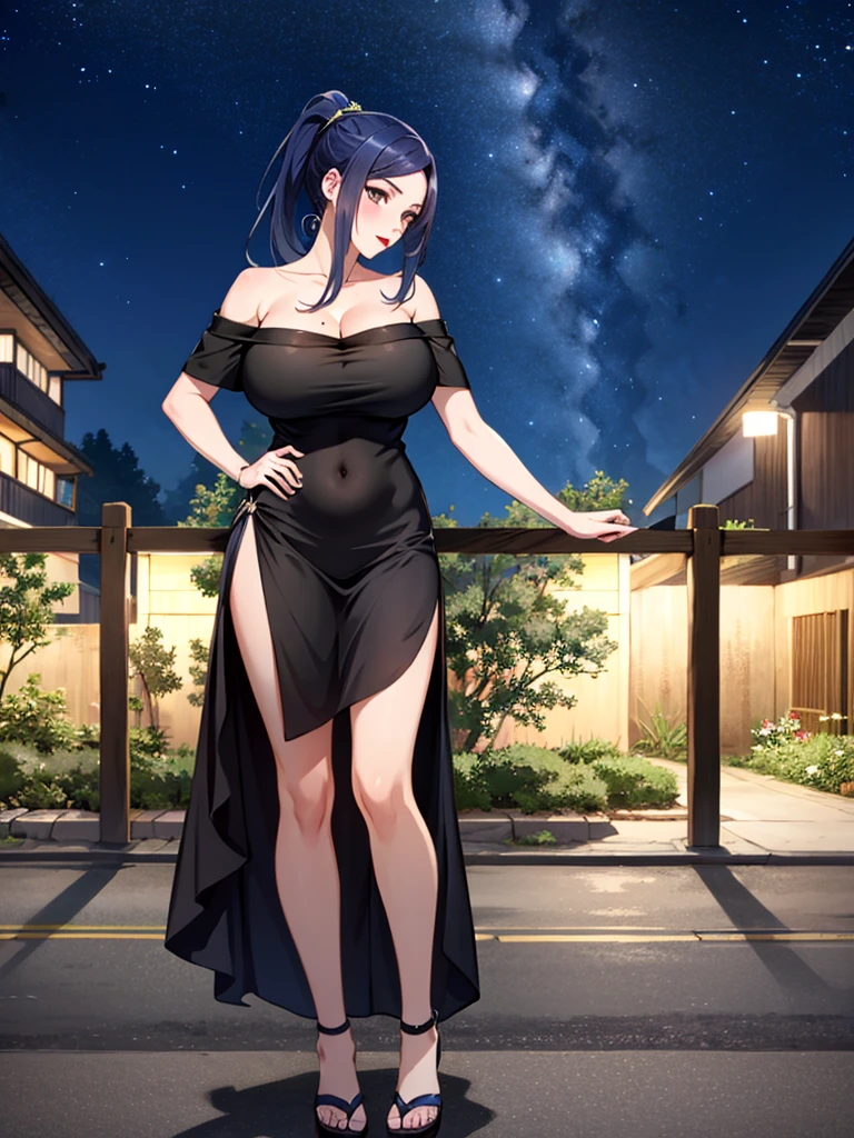 Uzumaki_kushina,blue hair,huge breasts, beautiful face:1.3,butt hole,navel, cleavage ,bellybutton,off the shoulder:1.9,body facing front,full body shot,standing straight, short  skirt, tshirt ,loose dress, mole on chest,red lipstick, mole on lip,ponytail,long hair,night sky, looking at view,