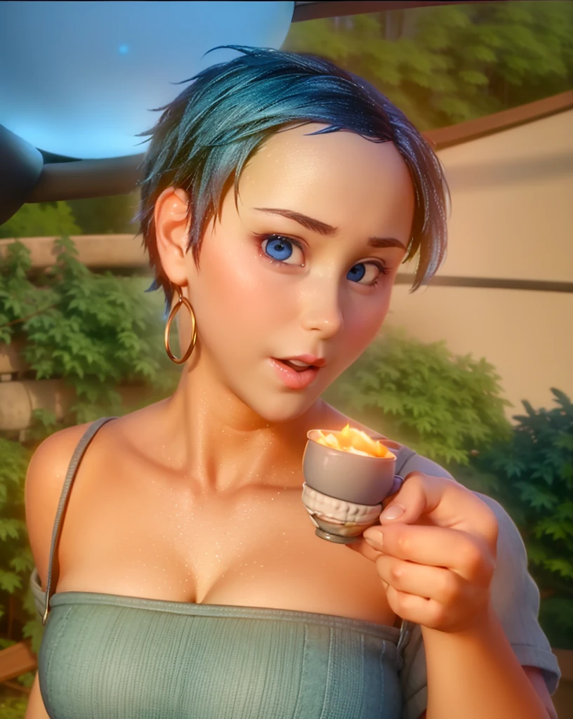 work of art, best qualityer, (happiness_InsideOut , high branch throat, blue eye, blue short hair, cups, happiness), colorful glowing spheres, pixar, animated cartoon, 3D rendering, sfw,
