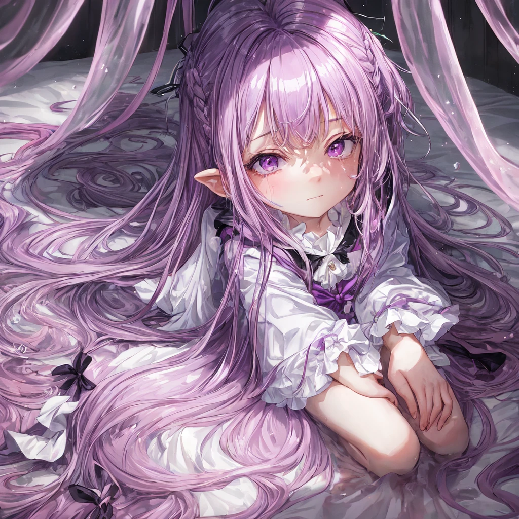 a beautiful girl with long light purple hair wearing a shiny pink raincoat, laying on a bed with white sheets and pillows, looking up at the viewer with an embarrassed and shy expression, her clothes are dripping and splattered with mud, detailed eyes, black pleated skirt, perfect anatomy, kyouko kirigiri, long hair with bangs, ribbon, purple eyes, single braid