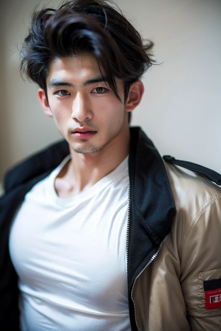 Realistic Photography, Handsome asian Men, over shoulder hair, wolfcut boiyish hairstyle, white shirt, muscle body, wear black bomber jacket