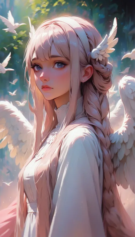 Emilia Clarke, angel big white wings, by rubio, long braided hair,(8k, Best Quality, Masterpiece:1.2),(Best Quality:1.0), (ultra...
