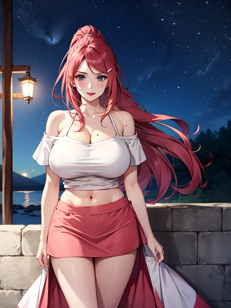 Uzumaki_kushina,light pink hair,huge breasts, beautiful face:1.3,butt hole,navel, cleavage ,bellybutton,off the shoulder:1.9,body facing front,full body shot,standing straight, short  skirt, tshirt , mole on chest,red lipstick, mole on lip,ponytail,long hair,night sky, looking at view,no bra,