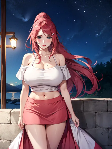 Uzumaki_kushina,light pink hair,huge breasts, beautiful face:1.3,butt hole,navel, cleavage ,bellybutton,off the shoulder:1.9,bod...