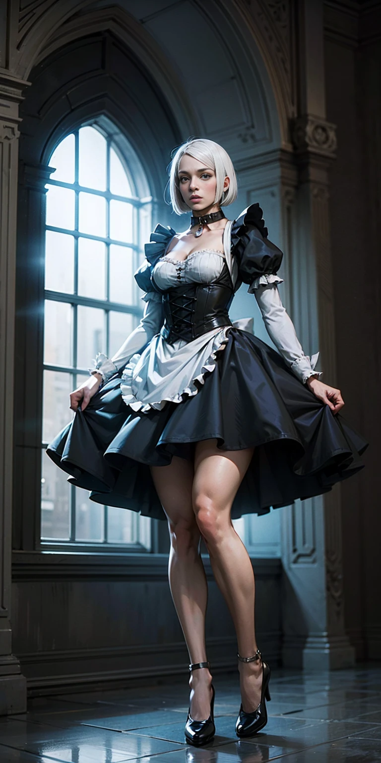 Tiffany Towers white hair, short bob hair, pinched eyes, thin legs, thin body, leather collar, victorian maid outfit, full body standing symmetrical, hands on hips, wide hips, view from below