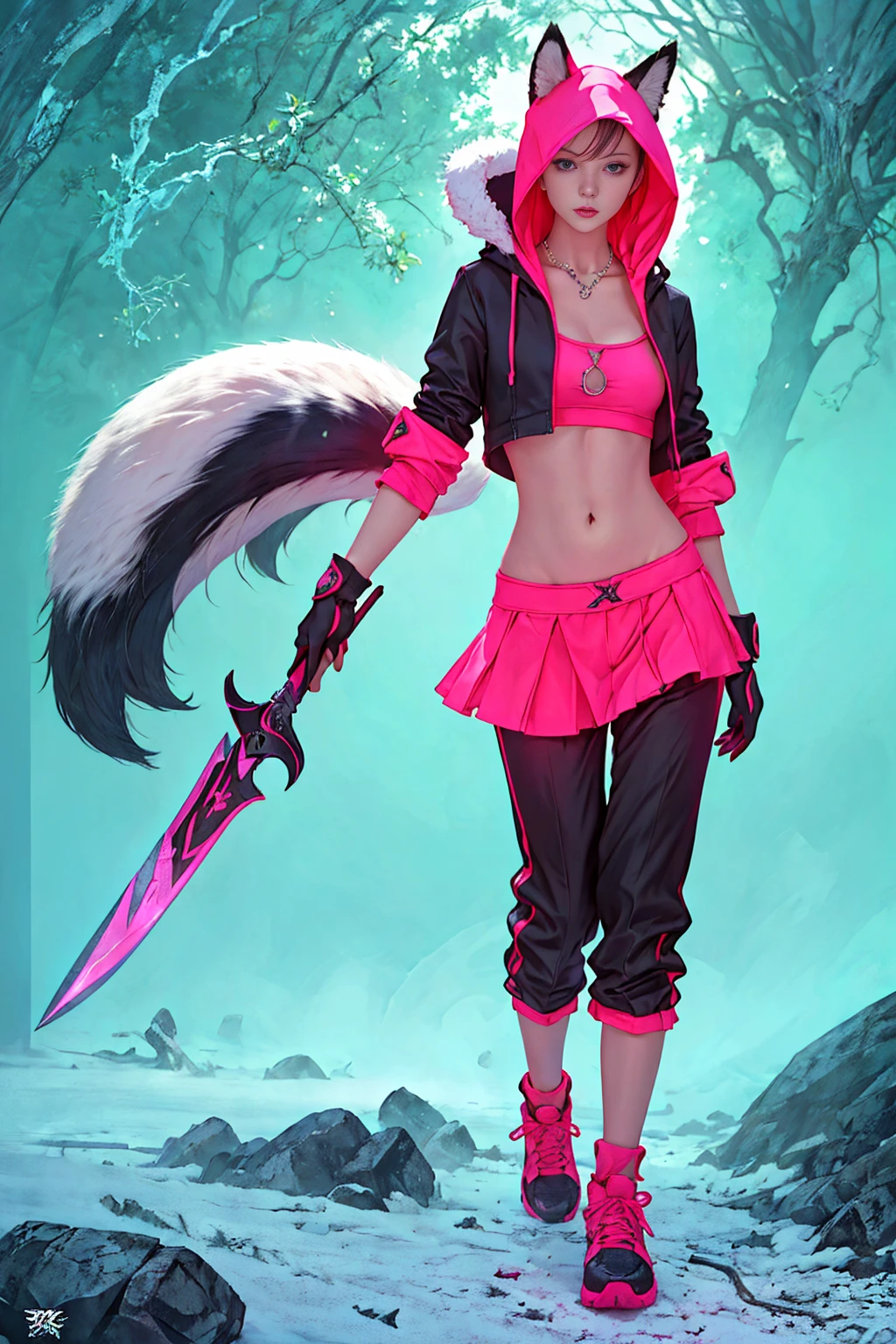 Oh, league of legend, sexy for, wallpapers, detailed eyes, fox ear, (fox tails), a skirt, (long pink fur), medium breasts, Looking at_Shown in_Looking atl espectador, short_Hair, gloves, belly button, fail, Blue_there are eyes, Eternal, full_body, weapon, Footwear, Necklaces, negro_gloves, pulp, hooded, Hair_overcome_Yoon_there are eyes, cultivator_above, hoodie, negro_pants, sneakers, cut_Jacket, cyber punk character, cut_hoodie, ((anatomically perfect:1.5))