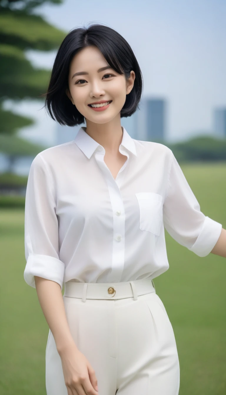 36 year old Korean woman, chest 34 inches, short black hair, white shirt with long arms, casual pants, green grass park walk, happy smile, Short hair, elegant details, physical sky, uhd, best quality, masterpiece, high quality, Awards, textured skin