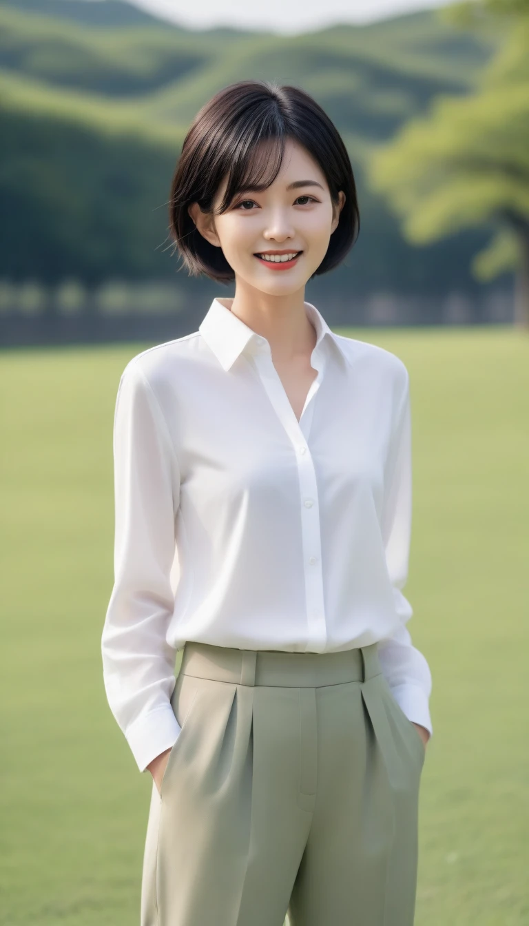 36 year old Korean woman, chest 34 inches, short black hair, white shirt with long arms, casual pants, green grass park walk, happy smile, Short hair, elegant details, physical sky, uhd, best quality, masterpiece, high quality, Awards, textured skin