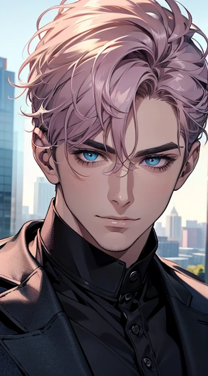 (best quality,4k,8k,highres,masterpiece:1.2),ultra-detailed,(realistic,photorealistic,photo-realistic:1.37),1 man,31 years old,mature man,very handsome,without expression,smile,short grey pink hair,blue eyes,penetrating gaze,perfect face without errors,imposing posture,businessman,office background,cinematic lighting,hdr image