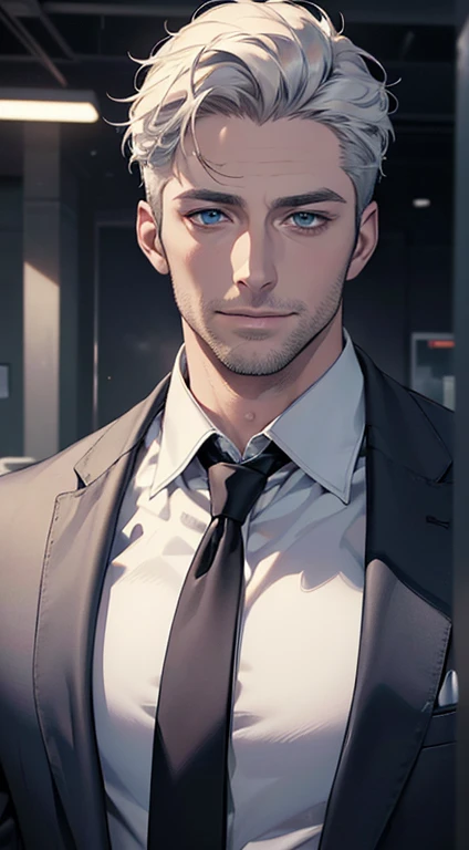 (best quality,4k,8k,highres,masterpiece:1.2),ultra-detailed,(realistic,photorealistic,photo-realistic:1.37),1 man,34 years old,mature man,very handsome,without expression,smile,short white hair,blue eyes,penetrating gaze,perfect face without errors,imposing posture,businessman,office background,cinematic lighting,hdr image
