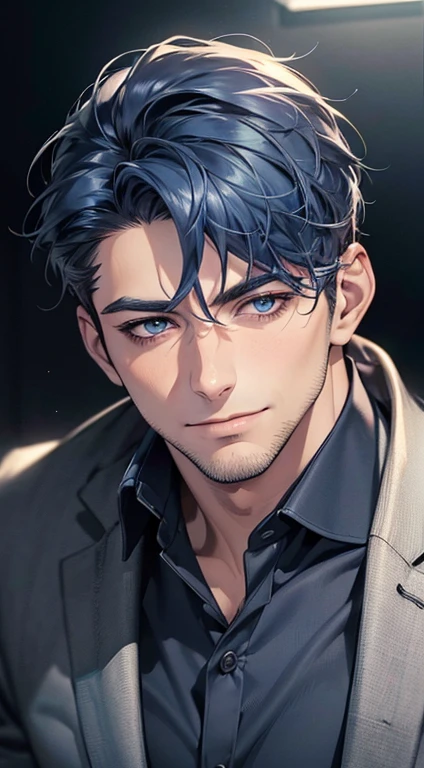(best quality,4k,8k,highres,masterpiece:1.2),ultra-detailed,(realistic,photorealistic,photo-realistic:1.37),1 man,31 years old,mature man,very handsome,without expression,smile,short  blue hair,blue eyes,penetrating gaze,perfect face without errors,imposing posture,businessman,office background,cinematic lighting,hdr image