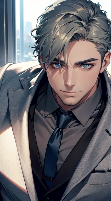 (best quality,4k,8k,highres,masterpiece:1.2),ultra-detailed,(realistic,photorealistic,photo-realistic:1.37),1 man,31 years old,mature man,very handsome,without expression,smile,short grey green hair,blue eyes,penetrating gaze,perfect face without errors,imposing posture,businessman,office background,cinematic lighting,hdr image