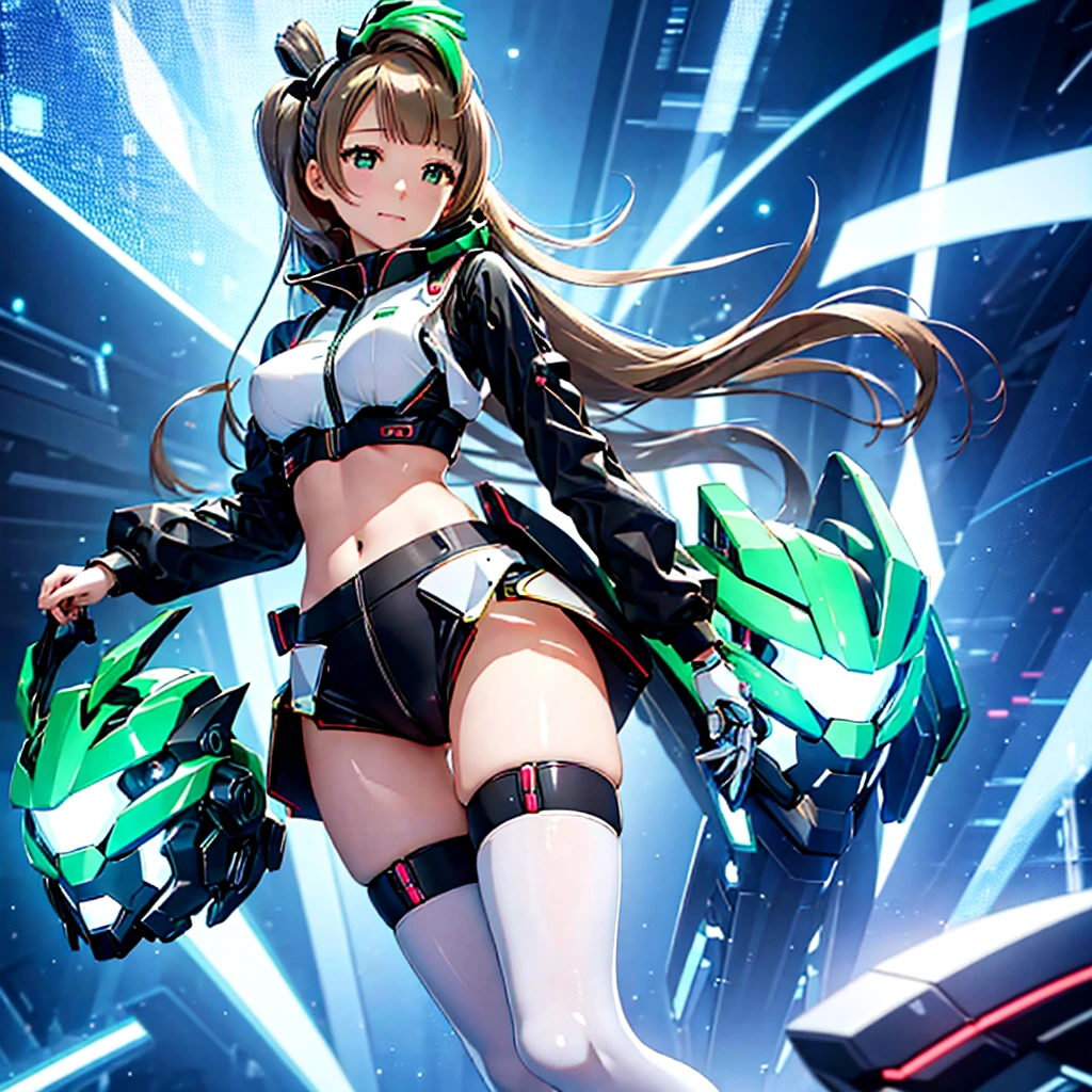 masterpiece, high quality, Gynoid Cyborg Body、The face is Minami Kotori、Minami Kotori, who has been remodeled into a girl-type mechanical body、Mecha Cyborg Girl、Single, frontal composition、Single image、from front, full body、Arms and legs wide open、Black Background