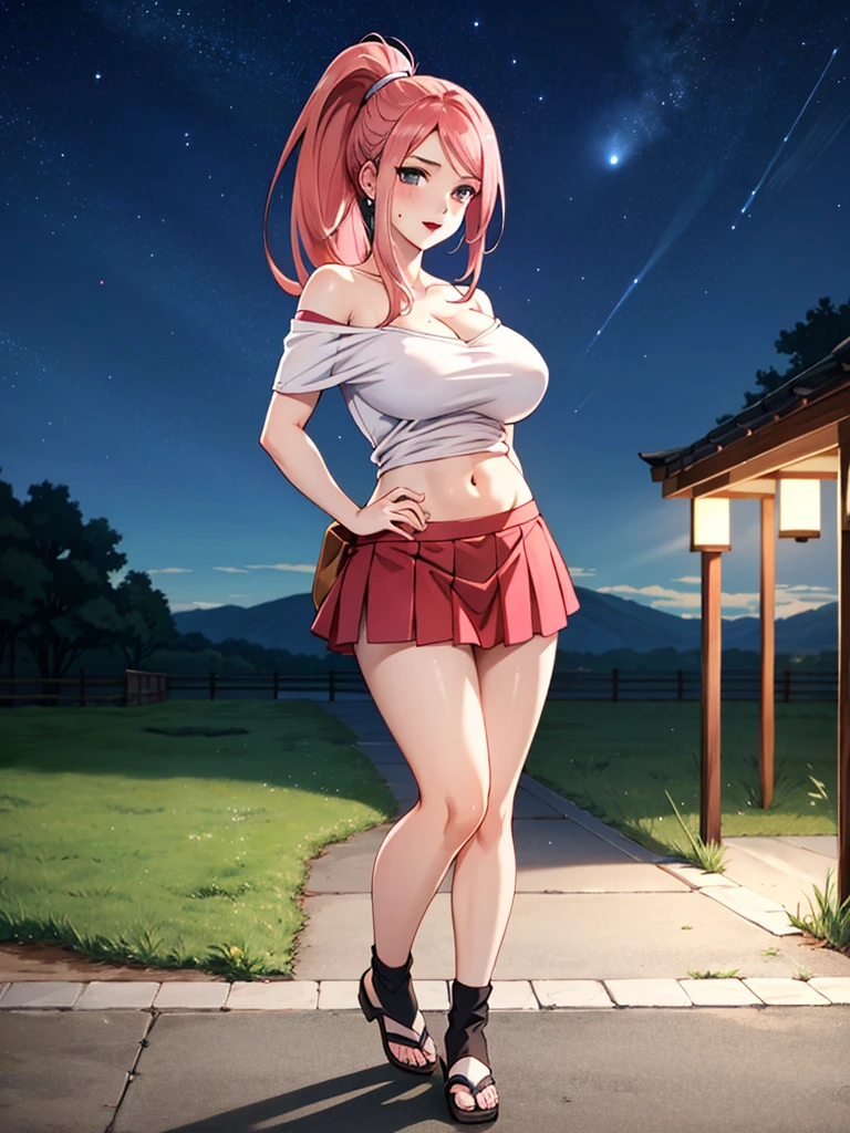 Uzumaki_kushina,light pink hair,huge breasts, beautiful face:1.3,butt hole,navel, cleavage ,bellybutton,off the shoulder:1.9,body facing front,full body shot,standing straight, short  skirt, tshirt , mole on chest,red lipstick,ponytail,long hair,night sky, looking at view,