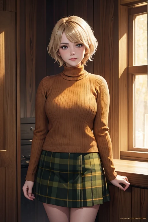 20 year old woman short blonde hair tender face blushing orange woolen sweater short plaid skirt 