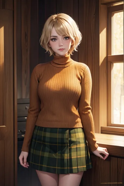 20 year old woman short blonde hair tender face blushing orange woolen sweater short plaid skirt