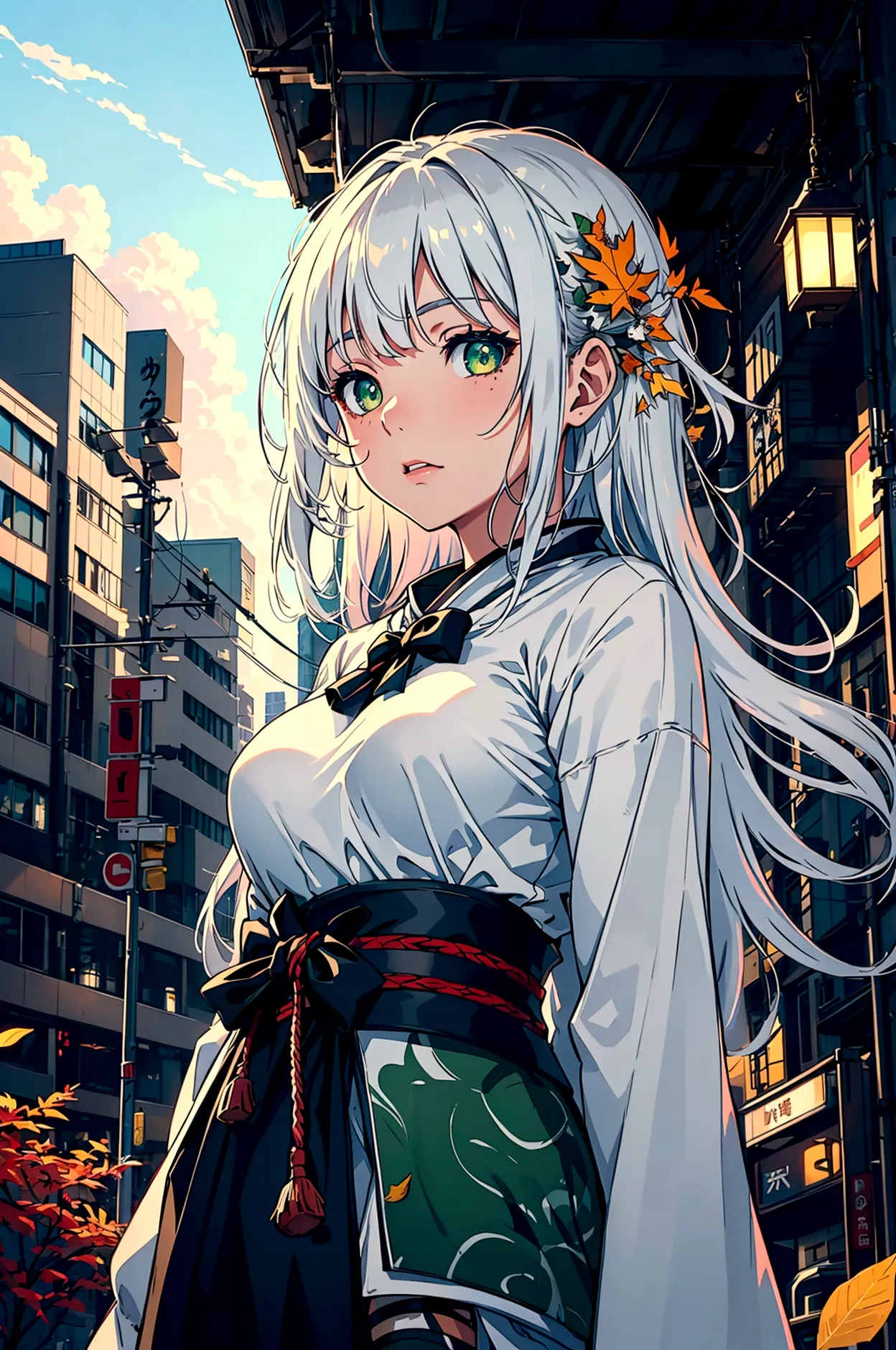japan, highres, highest quallity, illustration,  ultra detailed, (detailed face), (detailed eyes), soft lighting, best quality, hazy glow, dreamy atmosphere, hyper detailed, masterpiece, 1girl, solo, silver hair, green eyes, knitwear, luminous eyes, medium...