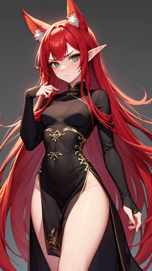 (red crimson hair) elf ears, freckles, adult  woman, sculptural body, super detailed hand, super detailed face, hyper detailed body, No defects, (emerald green eyes), breasts big, focused eyes, pretty detailed eyes, pale skin, blushed face, (( wearing a long black Chinese dress)), long hair, tied up hair, serious expression, frowning eyes, partes do fully body, entire limbs, ((fully body)), gorgeous fur, high resolution, 4K, Waist slender, small foot, role model, best qualityer,  (long black sock), good lighting, simple background, darkness background