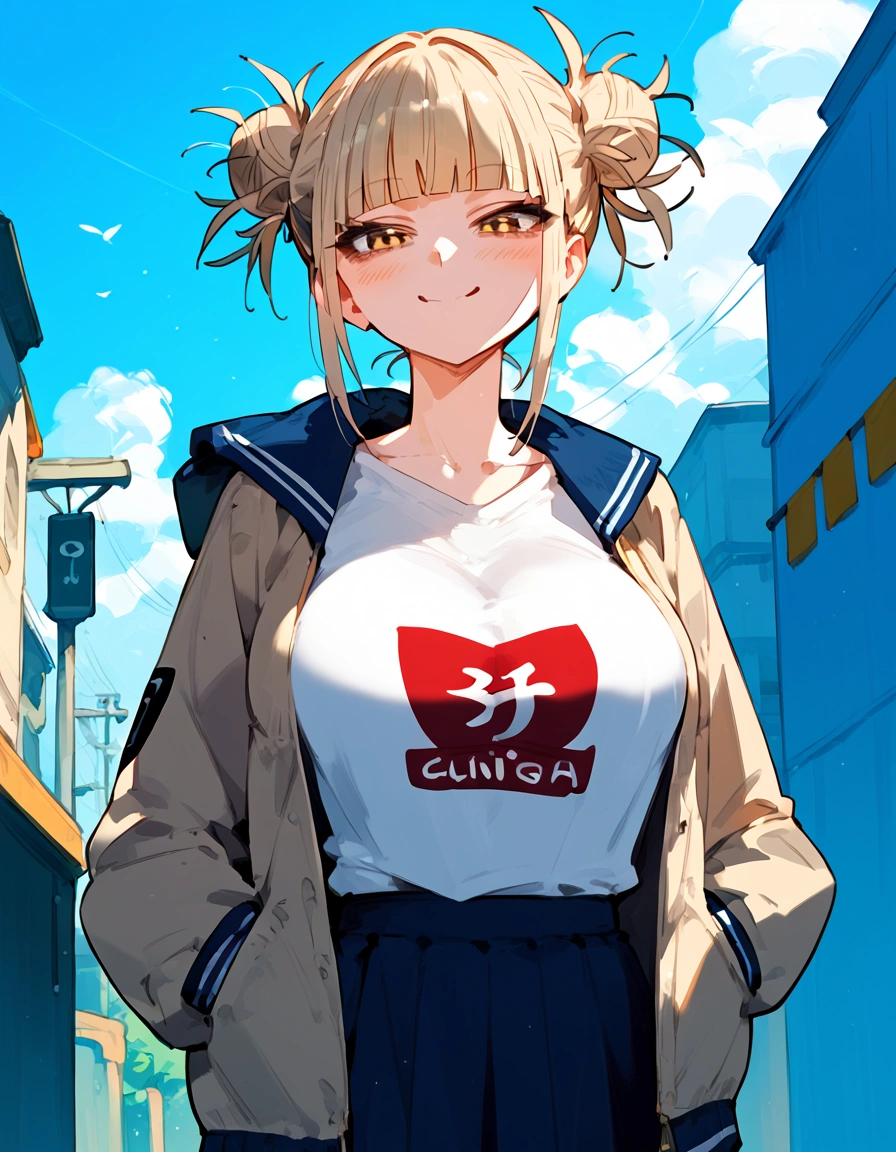 anime artwork, score_9, score_8_up, score_7_up, score_6_up, score_5_up, score_4_up, Himiko toga, big breasts, she is 24 years old, style_3, ,,,  , , , , _, ,jacket, t-shirt