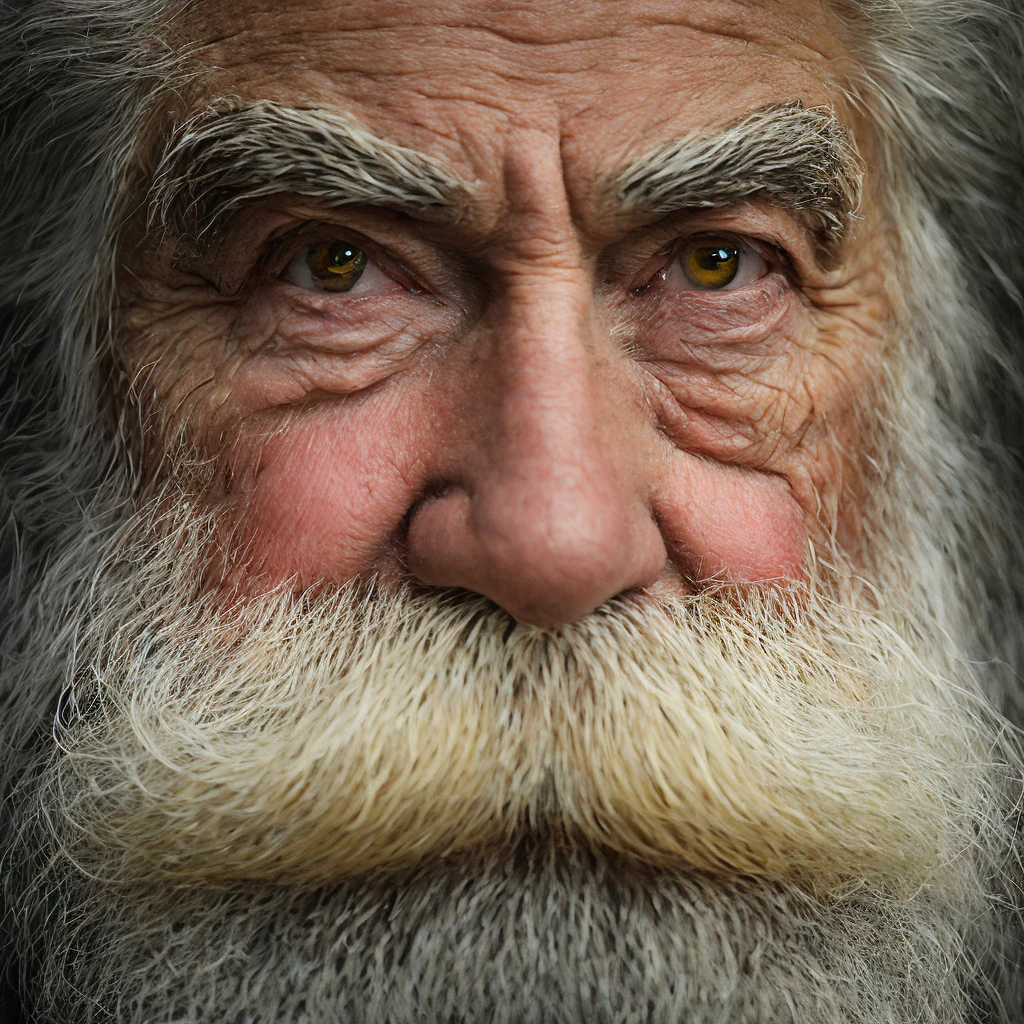 An epic close-up portrait of sinister, intense elderly eyes, and nose with long white beard, framed by an antique faded and tattered white linen hood, reflecting golden sparks in the irises of the eyes, white eyebrows, at night, dramatic lighting, hight contrast, higher definition, Hyper-Realism, hyper realist, photorrealistic, high resolution, HDR Fotografia, 8K