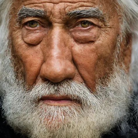 an epic close-up portrait of sinister, intense elderly eyes, and nose with long white beard, framed by an antique faded and tatt...