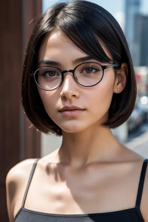 (face photo, close do rosto)(16 year old woman), (Bblack hair, shorth hair, bangss, Hair to the shoulders) ((round glasses on th...