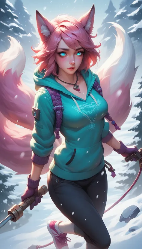 Oh, league of legend:1.3, sexy for, wallpapers, detailed eyes, fox ear, (fox tails), Warm clothing, dynamic poses , (long pink f...