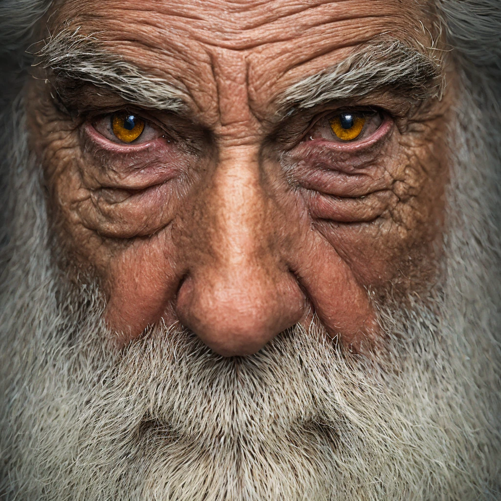 An epic portrait of sinister, intense elderly eyes, and nose with long white beard, framed by an antique faded and tattered white linen hood, reflecting golden sparks in the irises of the eyes, white eyebrows, at night, dramatic lighting, hight contrast, higher definition, Hyper-Realism, hyper realist, photorrealistic, high resolution, HDR Fotografia, 8K