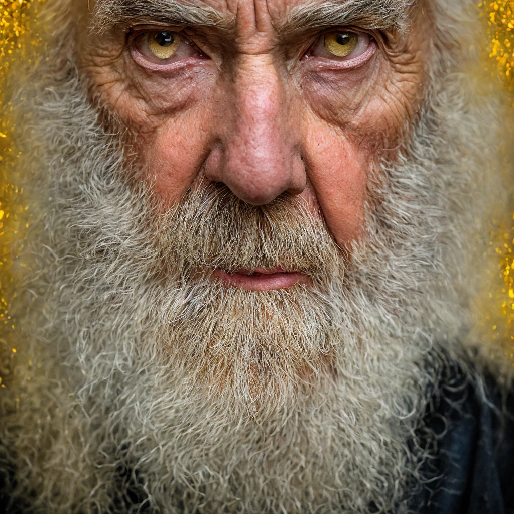 An epic portrait of sinister, intense elderly eyes, and nose with long white beard, framed by an antique faded and tattered white linen hood, reflecting golden sparks in the irises of the eyes, white eyebrows, at night, dramatic lighting, hight contrast, higher definition, Hyper-Realism, hyper realist, photorrealistic, high resolution, HDR Fotografia, 8K