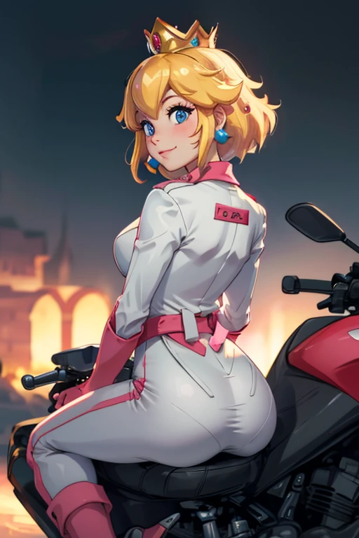 masterpiece, high quality, extremely detailed, 1girl, solo, ambient soft lighting, perfect lighting, princess_peach_mariokart_outfit, golden crown, white and pink motorcycle suit, short blonde hair, bright blue eyes, round ass, thrilled smile, closed mouth, excited expression on face, Looking back, looking from behind, back shot, sharp focus on back view, bent forward, bent over, sitting on top of a motorcycle, riding a motorcycle, The 4k textures showcases the utmost level of detail, while the cinematic lighting adds depth and adventure to the scene