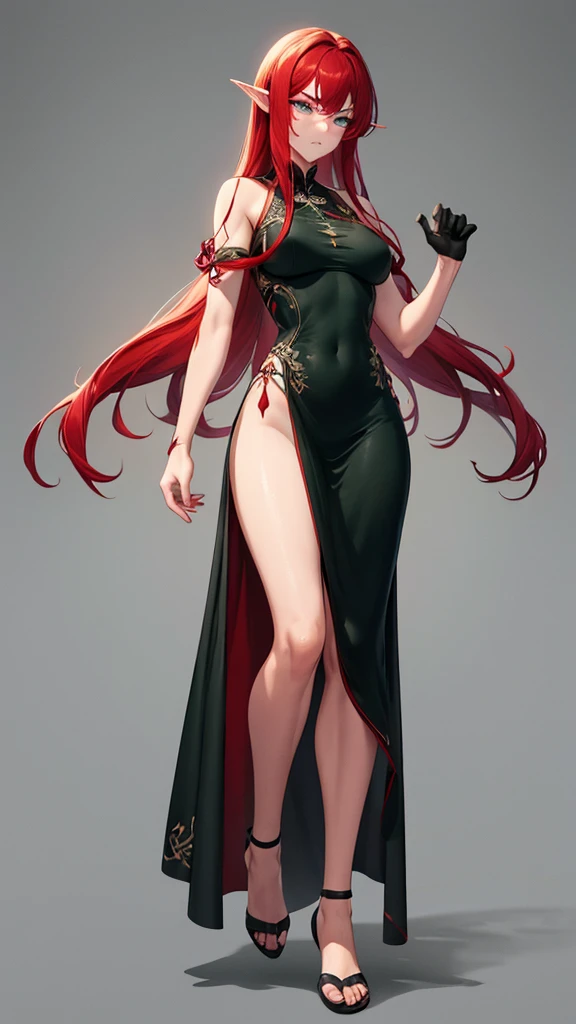 (red crimson hair) elf ears, freckles, adult  woman, sculptural body, super detailed hand, super detailed face, hyper detailed body, (emerald green eyes), breasts big, focused eyes, pretty detailed eyes, pale skin, blushed face, (( wearing a long black Chinese dress)), body hair longo, body hair (tied up), serious expression, frowning eyes, partes do fully body, entire limbs, ((fully body)), gorgeous fur, high resolution, 4K, Waist slender, small foot, role model, best qualityer,  (long black sock), good lighting, simple background, darkness background