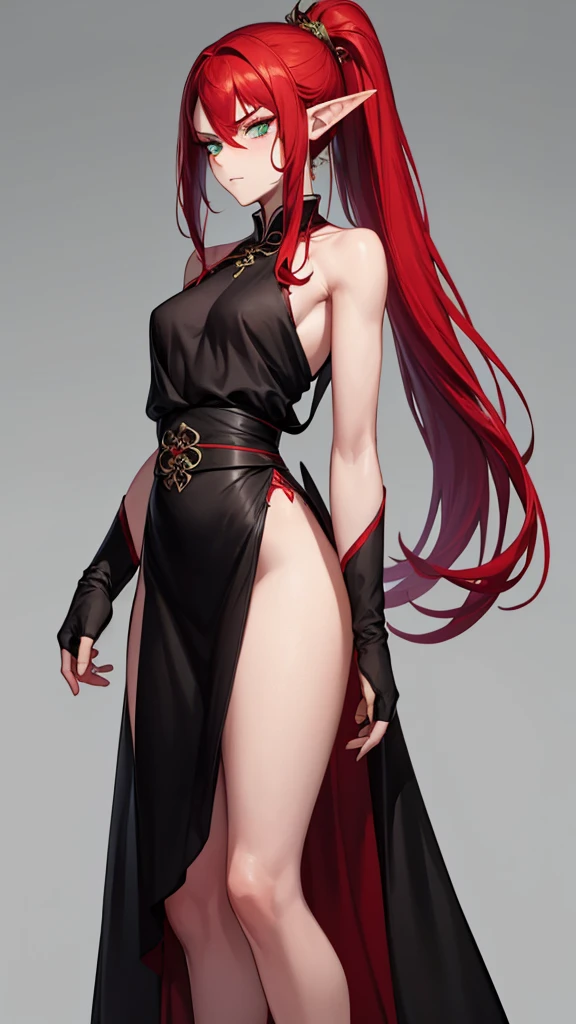 (red crimson hair) elf ears, freckles, adult  woman, sculptural body, super detailed hand, super detailed face, hyper detailed body, (emerald green eyes), breasts big, focused eyes, pretty detailed eyes, pale skin, blushed face, (( wearing a long black Chinese dress)), body hair longo, body hair (tied up), serious expression, frowning eyes, partes do fully body, entire limbs, ((fully body)), gorgeous fur, high resolution, 4K, Waist slender, small foot, role model, best qualityer,  (long black sock), good lighting, simple background, darkness background