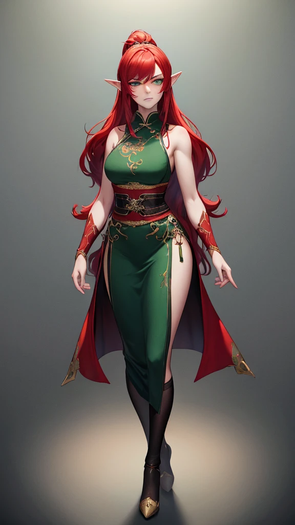 (red crimson hair) elf ears, freckles, adult  woman, sculptural body, super detailed hand, super detailed face, hyper detailed body, (emerald green eyes), breasts big, focused eyes, pretty detailed eyes, pale skin, blushed face, (( wearing a long black Chinese dress)), body hair longo, body hair (tied up), serious expression, frowning eyes, partes do fully body, entire limbs, ((fully body)), gorgeous fur, high resolution, 4K, Waist slender, small foot, role model, best qualityer,  (long black sock), good lighting, simple background, darkness background