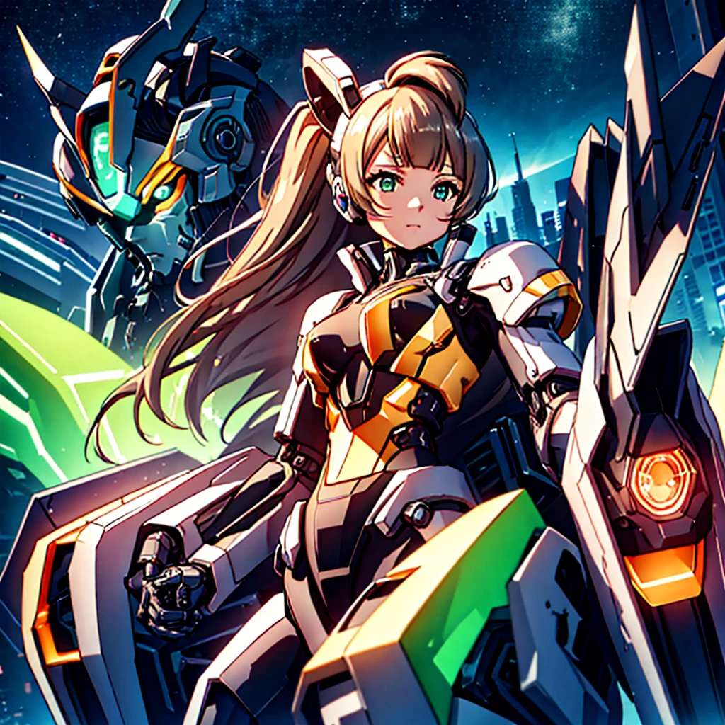 masterpiece, high quality, Gynoid Cyborg Body、The face is Minami Kotori、Minami Kotori, who has been remodeled into a girl-type mechanical body、Mecha Cyborg Girl、Single, frontal composition、Single image、from front, full body、Arms and legs wide open、Black Background