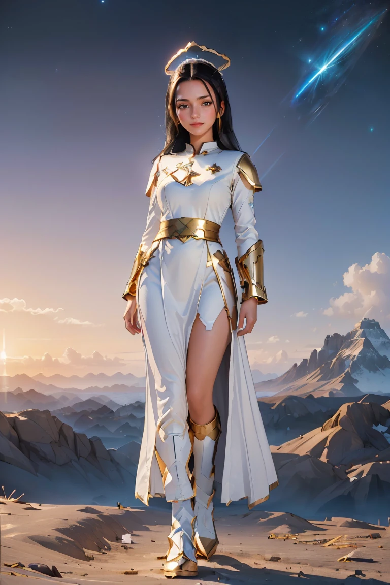 ((masterpiece, best quality, extremely detailed), volumetric lighting, ambient occlusion, colorful, glowing), 1girl, solo, young girl, (dark hair), long hair, halo, aura, sacred, goddess, cleric suit, (white outfit with gold detailst:1.3), armor, outdoors, sunset, sky, clouds, space, (fantasy theme:1.2), full body armor